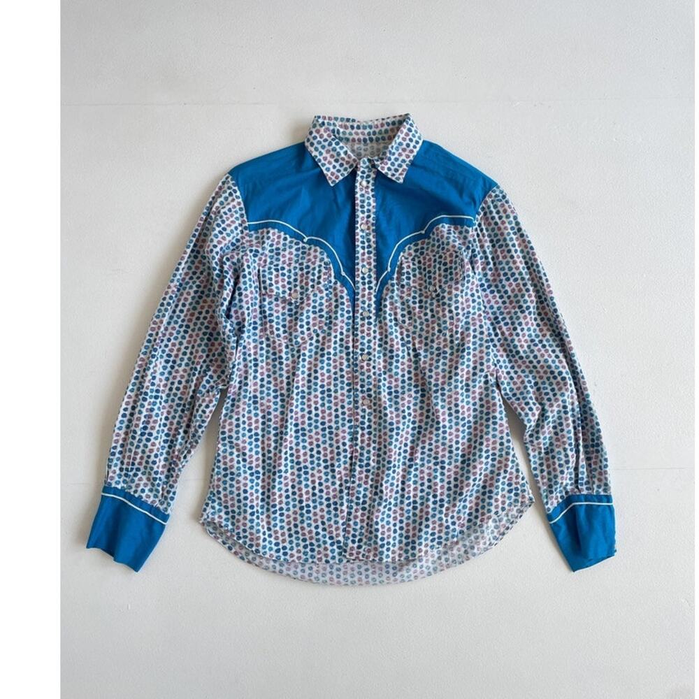 Vtg 70s Blue Floral Color Block Snap Button Western Shirt / L/XL / Retro Rodeo